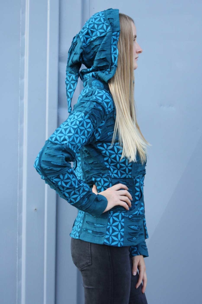 Goa-Jacke mit Zipfel-Kapuze Petrol | Patchwork