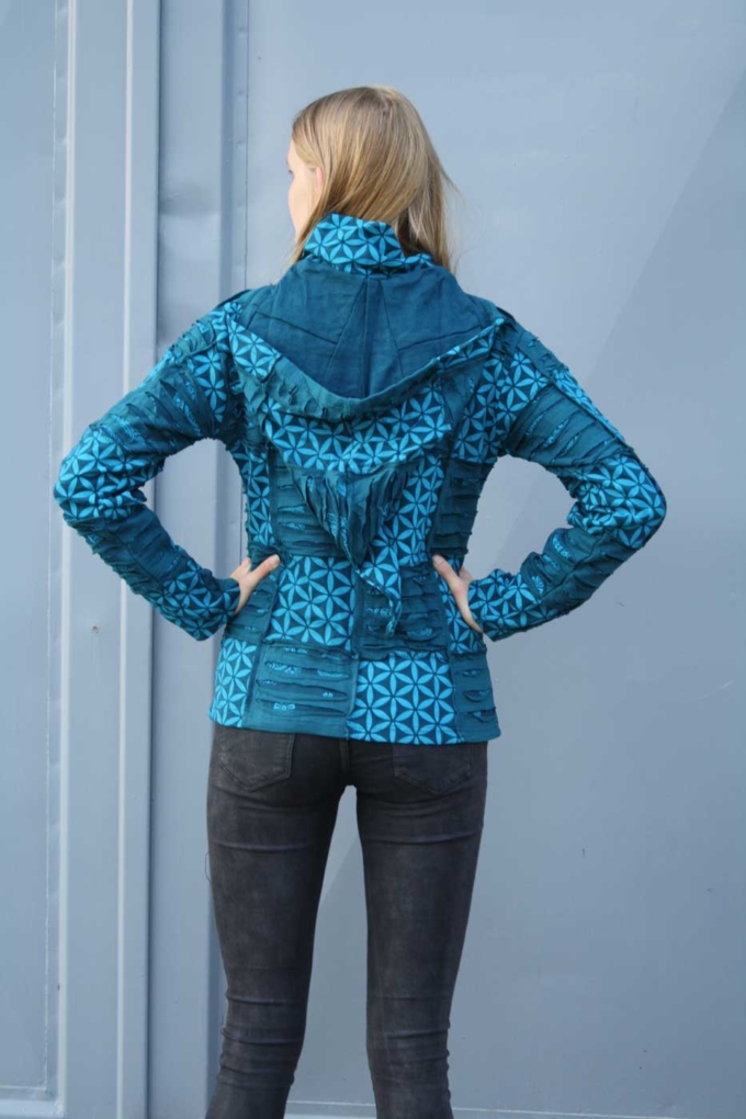 Goa-Jacke mit Zipfel-Kapuze Petrol | Patchwork – Bild 4