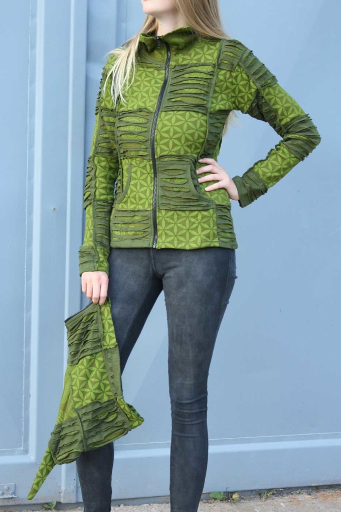 Goa-Patchworkjacke mit Zipfel-Kapuze Grün