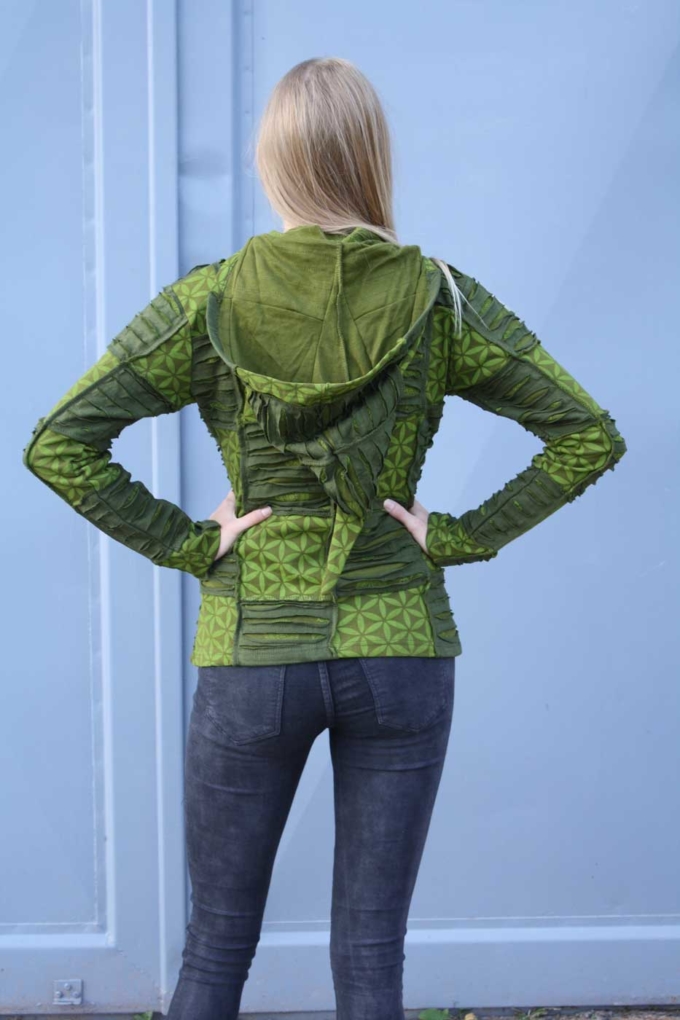Goa-Patchworkjacke mit Zipfel-Kapuze Grün – Bild 5