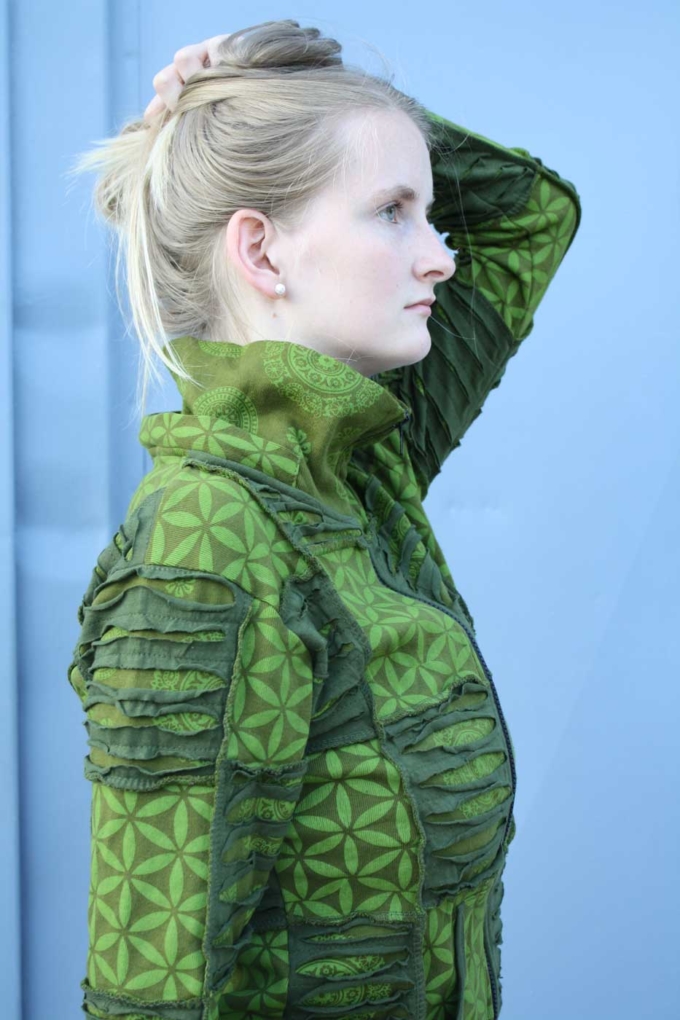 Goa-Patchworkjacke mit Zipfel-Kapuze Grün – Bild 6