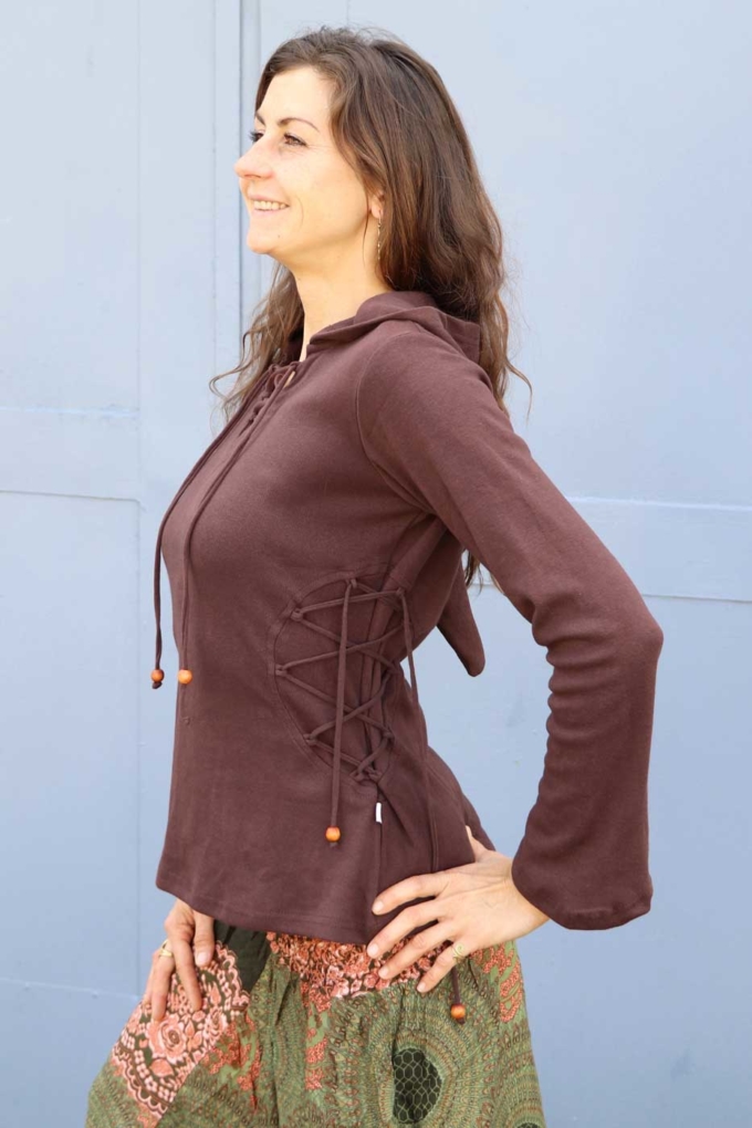 Mittelalter Pullover mit Zipfelkapuze und Schnürung | Braun – Bild 2