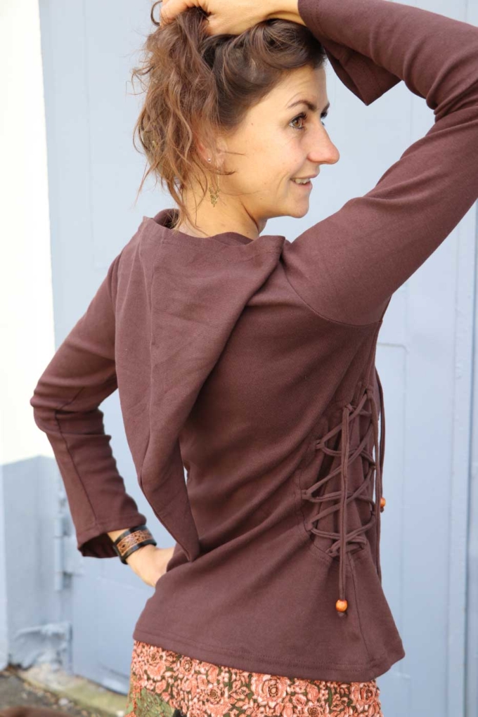 Mittelalter Pullover mit Zipfelkapuze und Schnürung | Braun – Bild 3