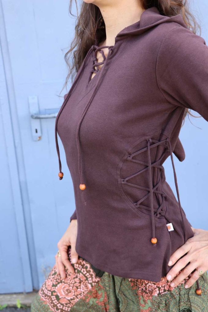 Mittelalter Pullover mit Zipfelkapuze und Schnürung | Braun – Bild 6