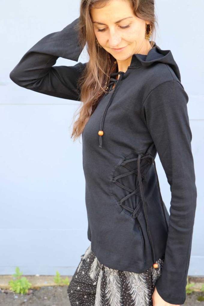 Mittelalter Pullover mit Zipfelkapuze und Schnürung | Schwarz – Bild 3