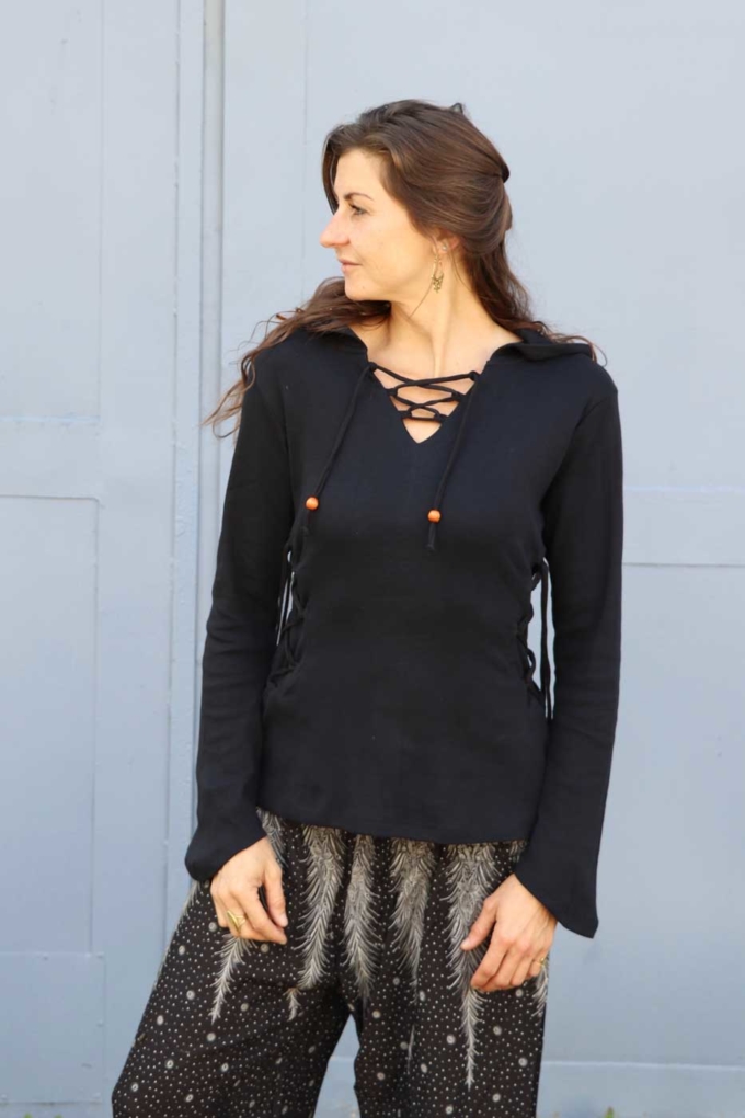 Mittelalter Pullover mit Zipfelkapuze und Schnürung | Schwarz – Bild 4