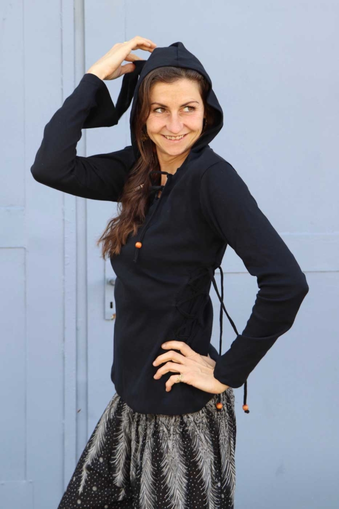 Mittelalter Pullover mit Zipfelkapuze und Schnürung | Schwarz – Bild 5