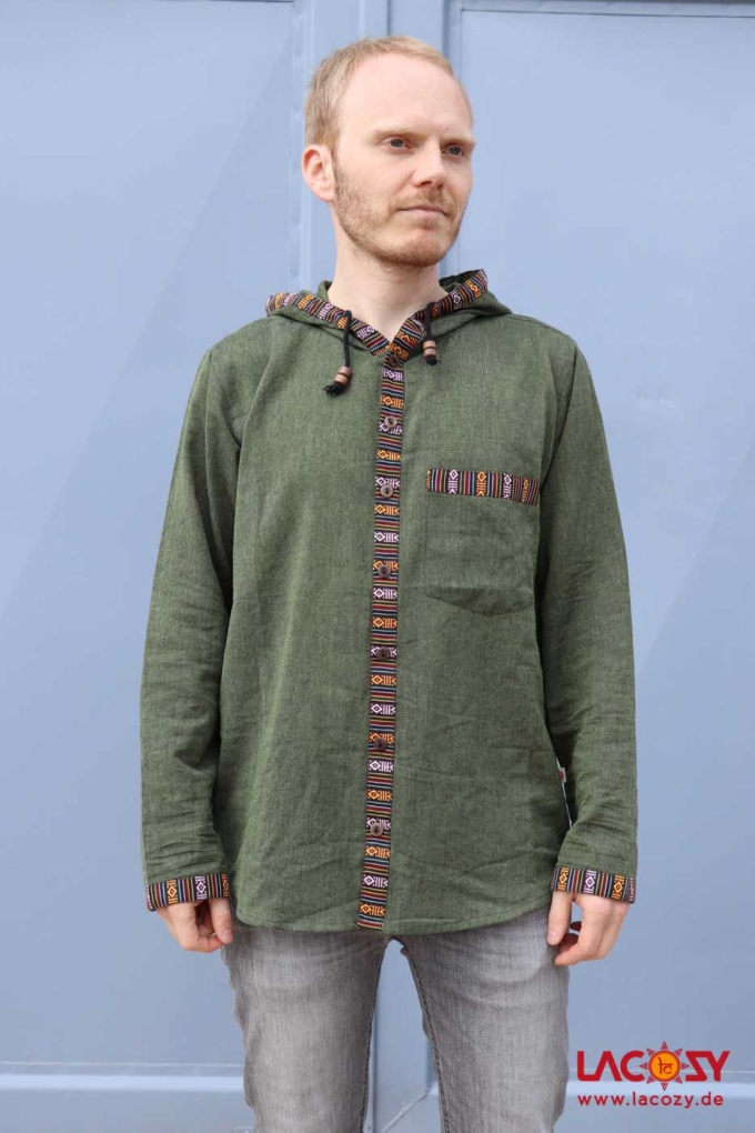 Herren Hemd Kurtha mit Ethno-Borte | Grün