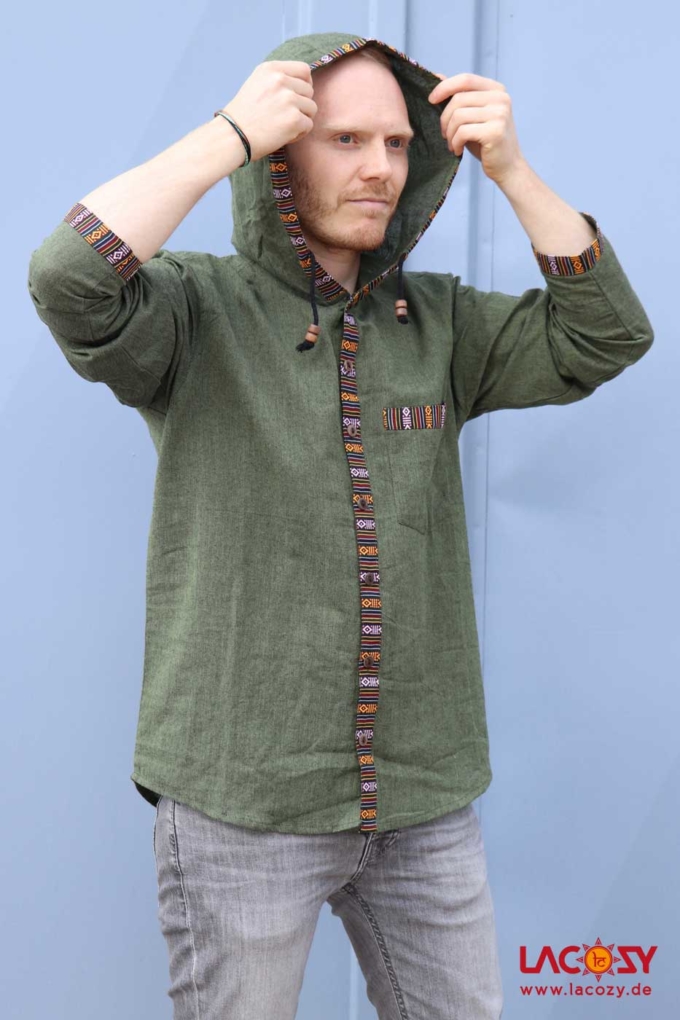 Herren Hemd Kurtha mit Ethno-Borte | Grün – Bild 2