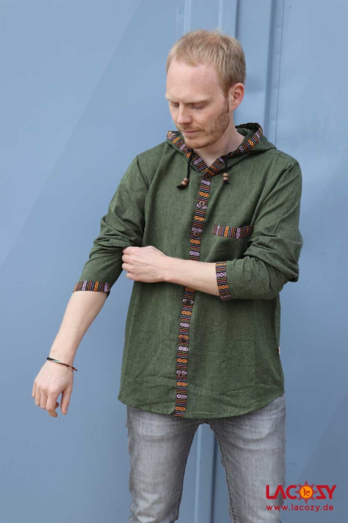 Herren Hemd Kurtha mit Ethno-Borte | Grün – Bild 3