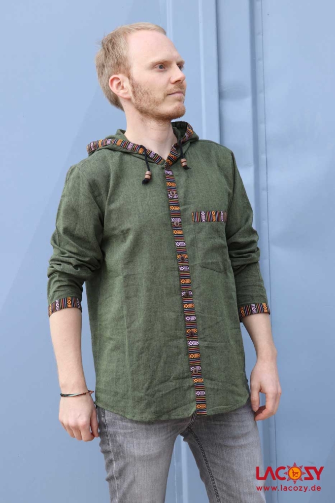 Herren Hemd Kurtha mit Ethno-Borte | Grün – Bild 4