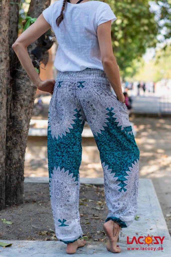 Luftige Pumphose MANDALA Yogahose Damen Türkis | Weiss – Bild 2