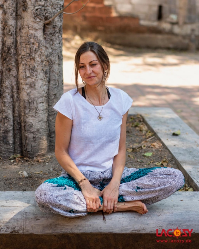 Luftige Pumphose MANDALA Yogahose Damen Türkis | Weiss – Bild 4