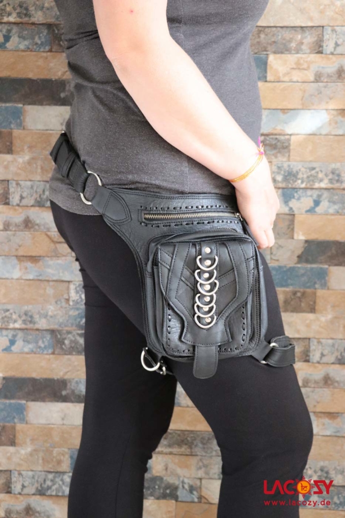 Beintasche aus Leder KARMA Gürteltasche Unisex Schwarz | Silber