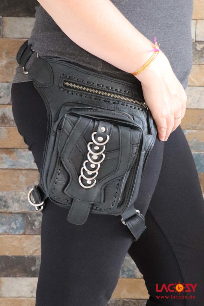 Beintasche aus Leder KARMA Gürteltasche Unisex Schwarz | Silber – Bild 2