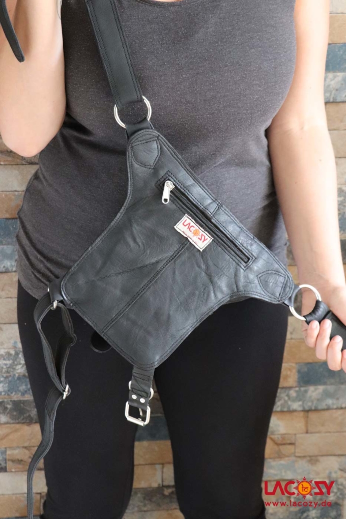 Beintasche aus Leder KARMA Gürteltasche Unisex Schwarz | Silber – Bild 7