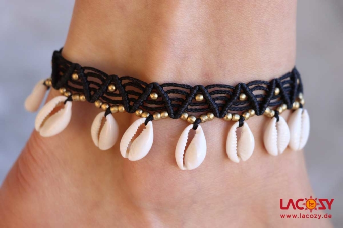 Makrame Fußkettchen MUSCHEL | Schwarz | Gold – Bild 3