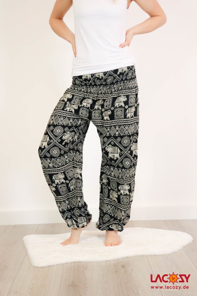 Luftige Pumphose Elefantenmotiv Yogahose Schwarz | Weiss