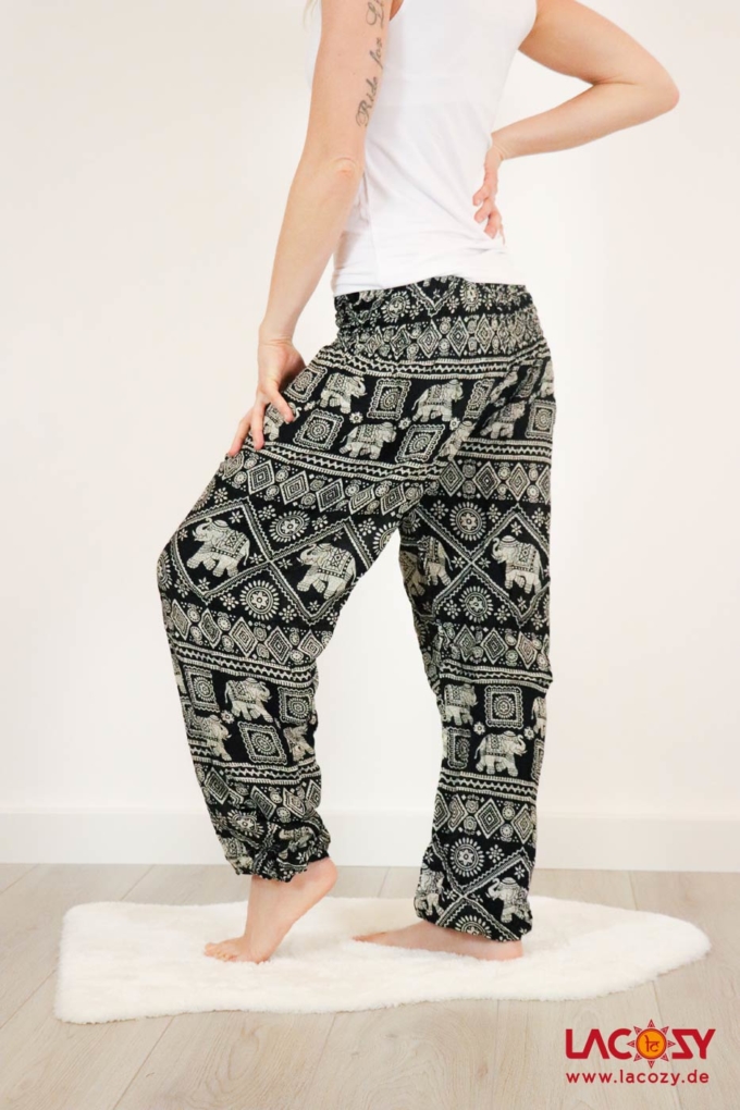 Luftige Pumphose Elefantenmotiv Yogahose Schwarz | Weiss – Bild 2