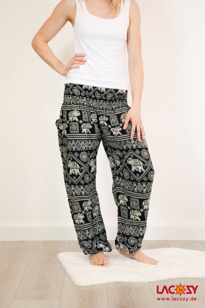 Luftige Pumphose Elefantenmotiv Yogahose Schwarz | Weiss – Bild 3