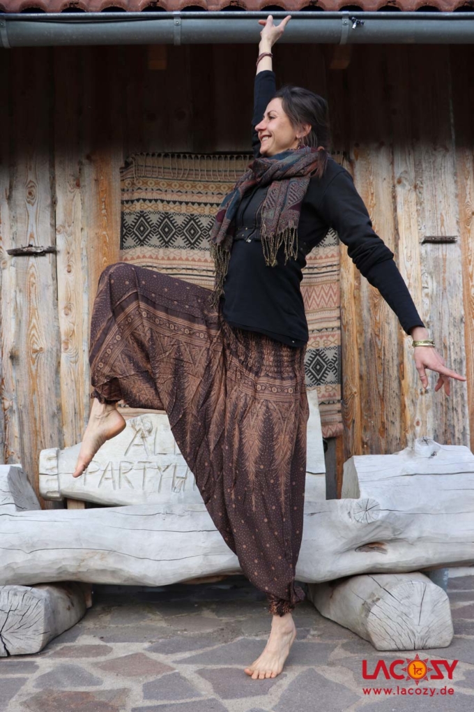 Haremshose Hosenkleid mit Federmotiv Braun