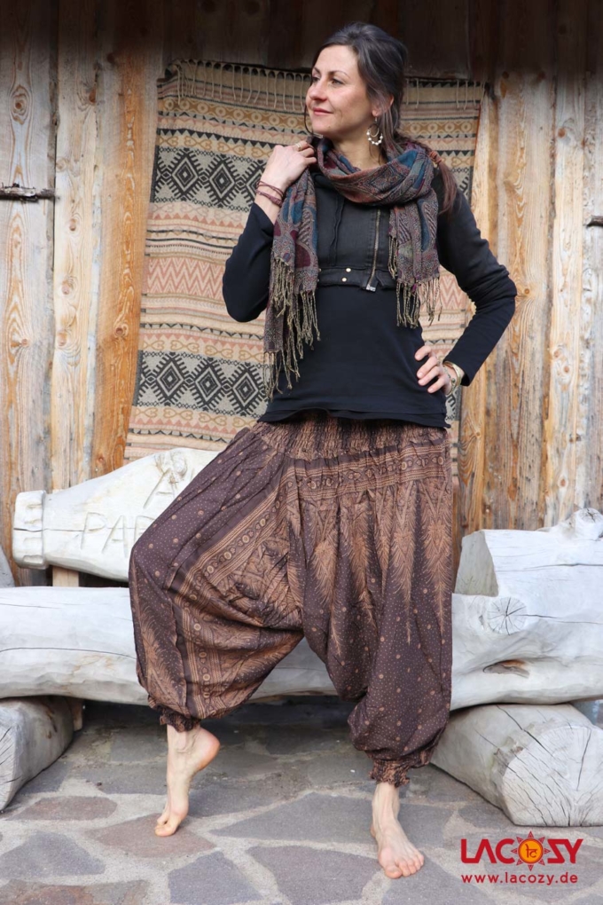 Haremshose Hosenkleid mit Federmotiv Braun – Bild 3