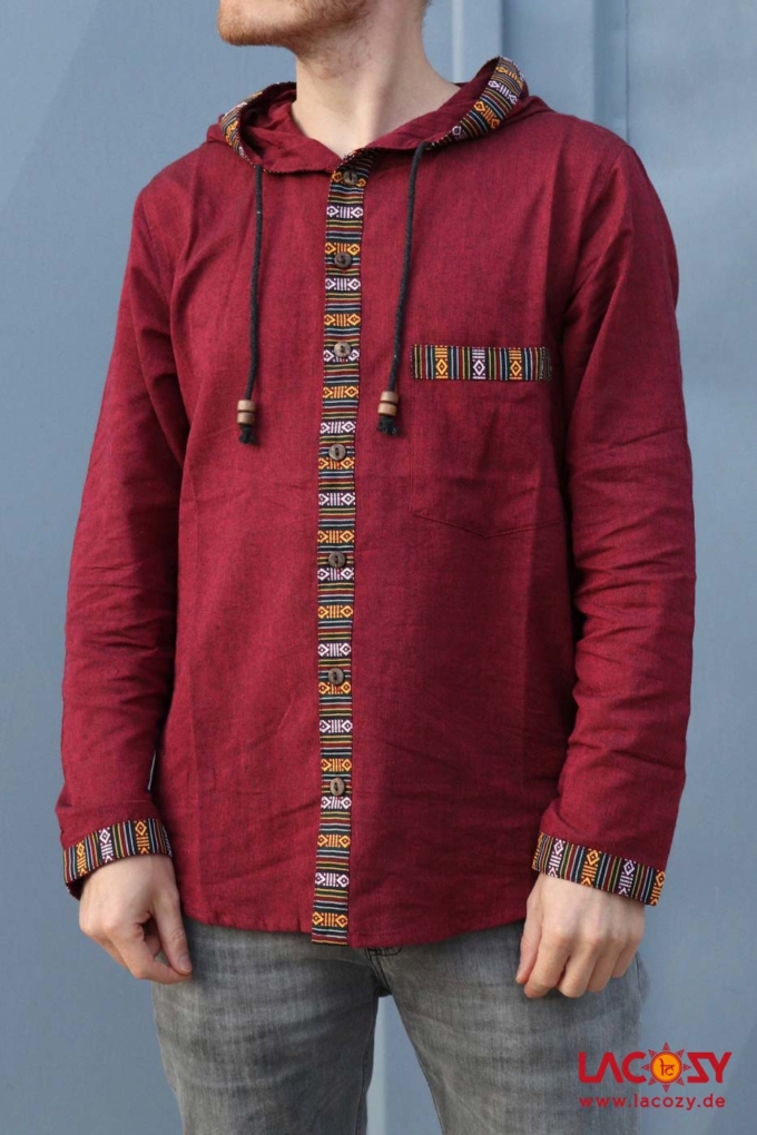 Herren-Hemd Kurtha mit Ethno-Borte Herren Bordeaux