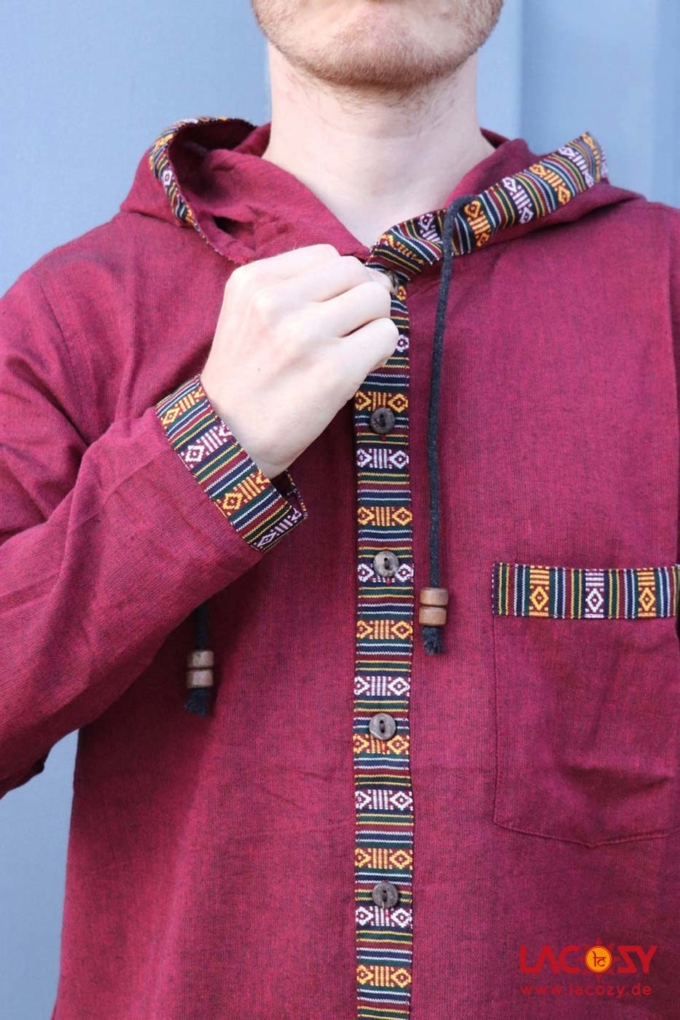 Herren-Hemd Kurtha mit Ethno-Borte Herren Bordeaux – Bild 2