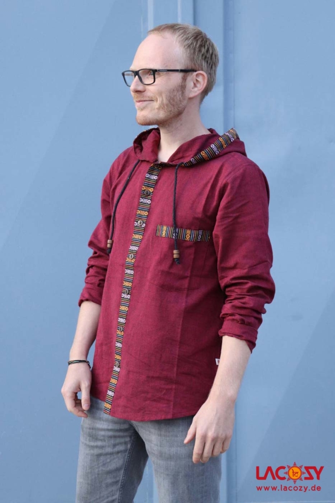 Herren-Hemd Kurtha mit Ethno-Borte Herren Bordeaux – Bild 3
