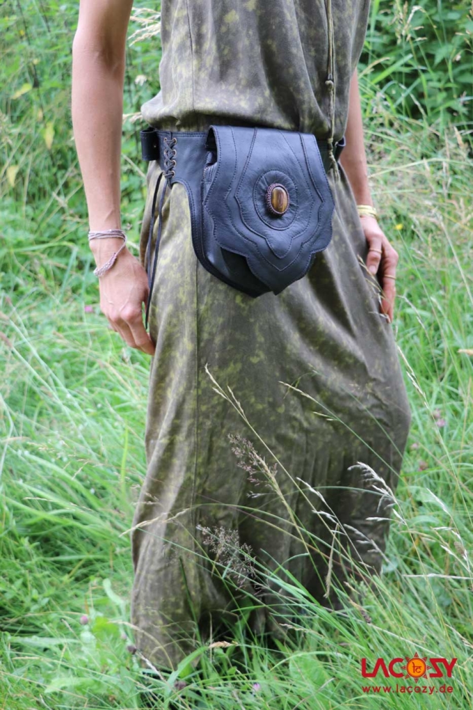 Leder Hüfttasche SHAYA mit Tigerauge Unisex Schwarz | Gold