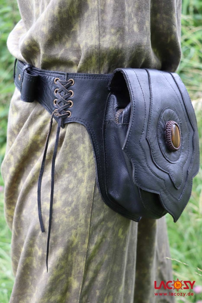 Leder Hüfttasche SHAYA mit Tigerauge Unisex Schwarz | Gold – Bild 4