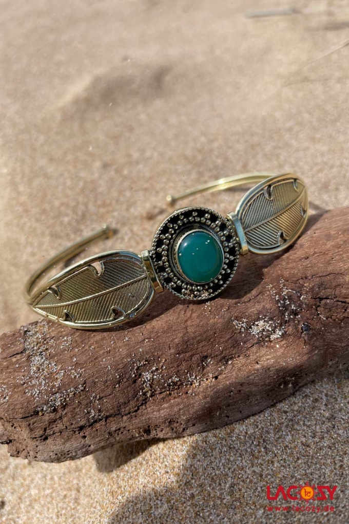 Armreif GROSSE FEDER  Gold | grüner Onyx