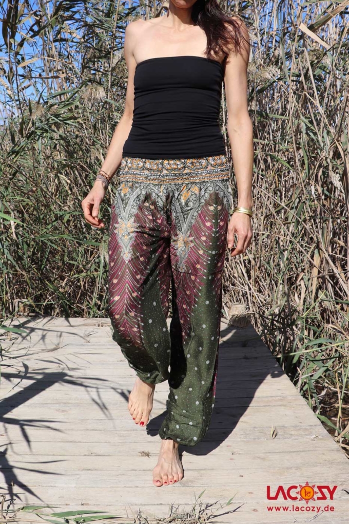 Pumphose mit orientalischer Pfauenfeder / Khaki | Bordeaux