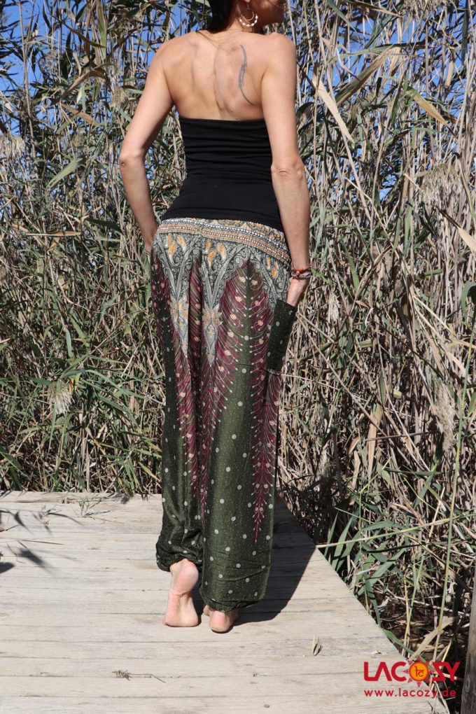 Pumphose mit orientalischer Pfauenfeder / Khaki | Bordeaux – Bild 2