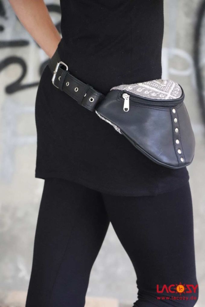 Weiche Leder Bauchtasche LIDA Unisex Schwarz | Silber – Bild 4