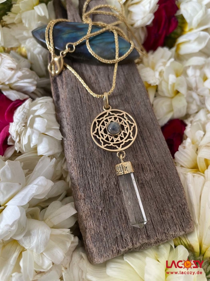 SRI YANTRA Kette mit Bergkristall und Labradorit