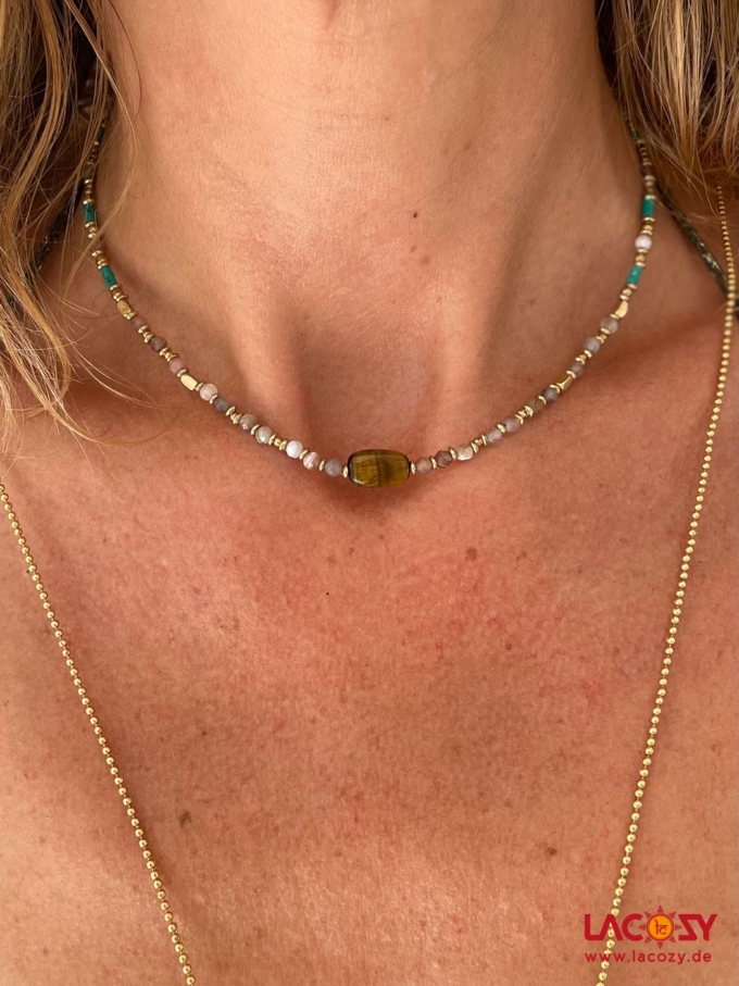 Kette TIGERAUGE mit TÜRKIS und ROSENQUARZ | Gold – Bild 2
