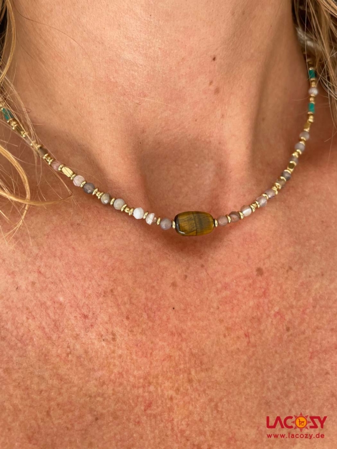 Kette TIGERAUGE mit TÜRKIS und ROSENQUARZ | Gold – Bild 3