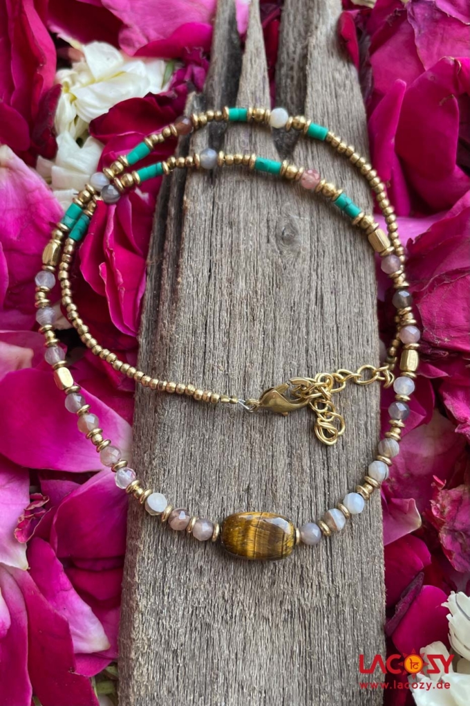 Kette TIGERAUGE mit TÜRKIS und ROSENQUARZ | Gold – Bild 4