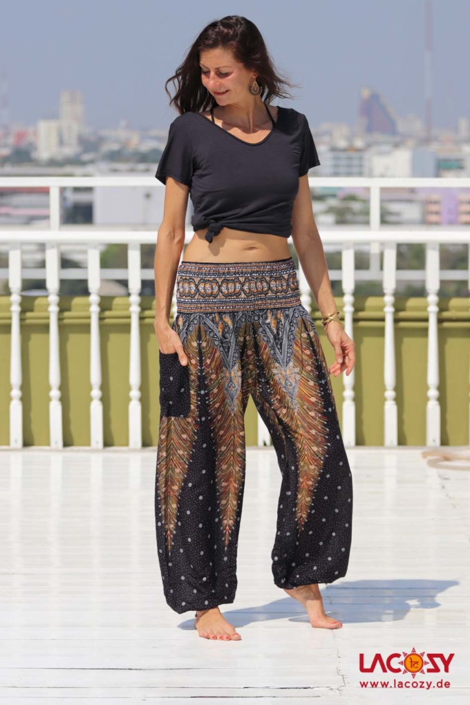 Pumphose mit Pfauenfeder / Schwarz | Gold