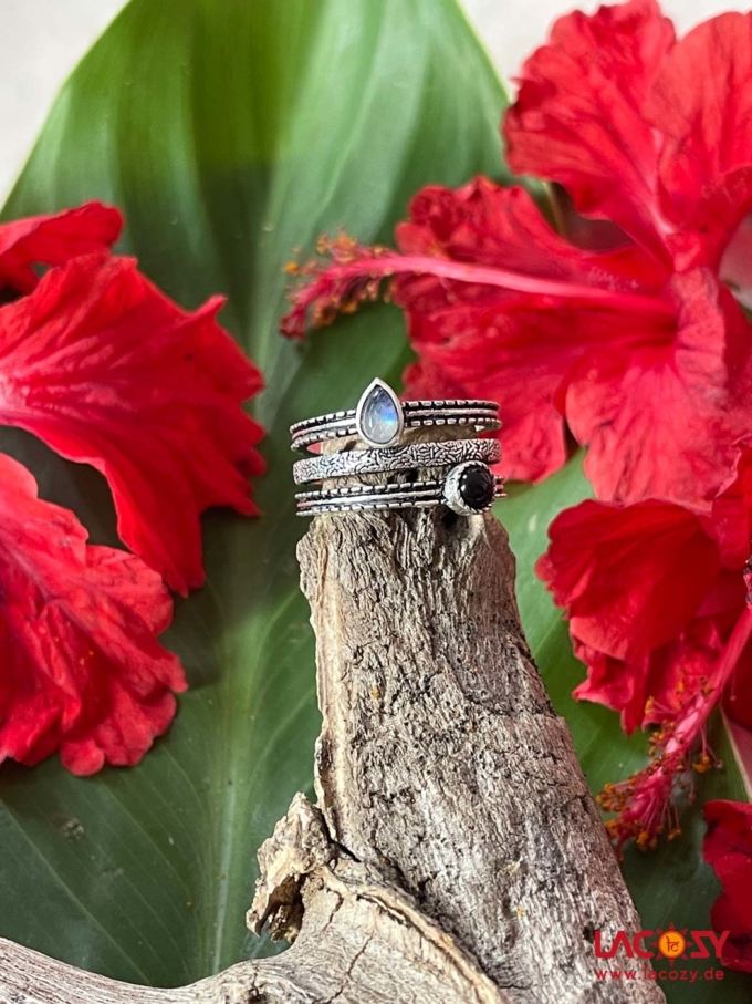 Trishul Silberring Labradorit | schwarzer Onyx