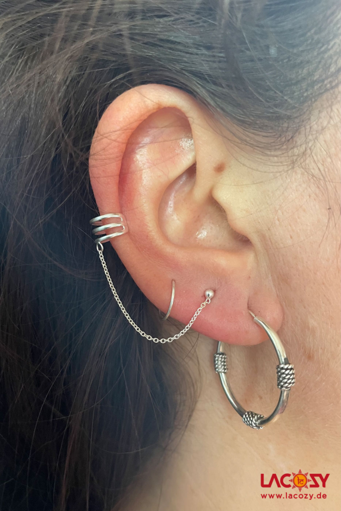 Ohrklemme 3 Ring mit Stecker / 925.- Silber – Bild 3