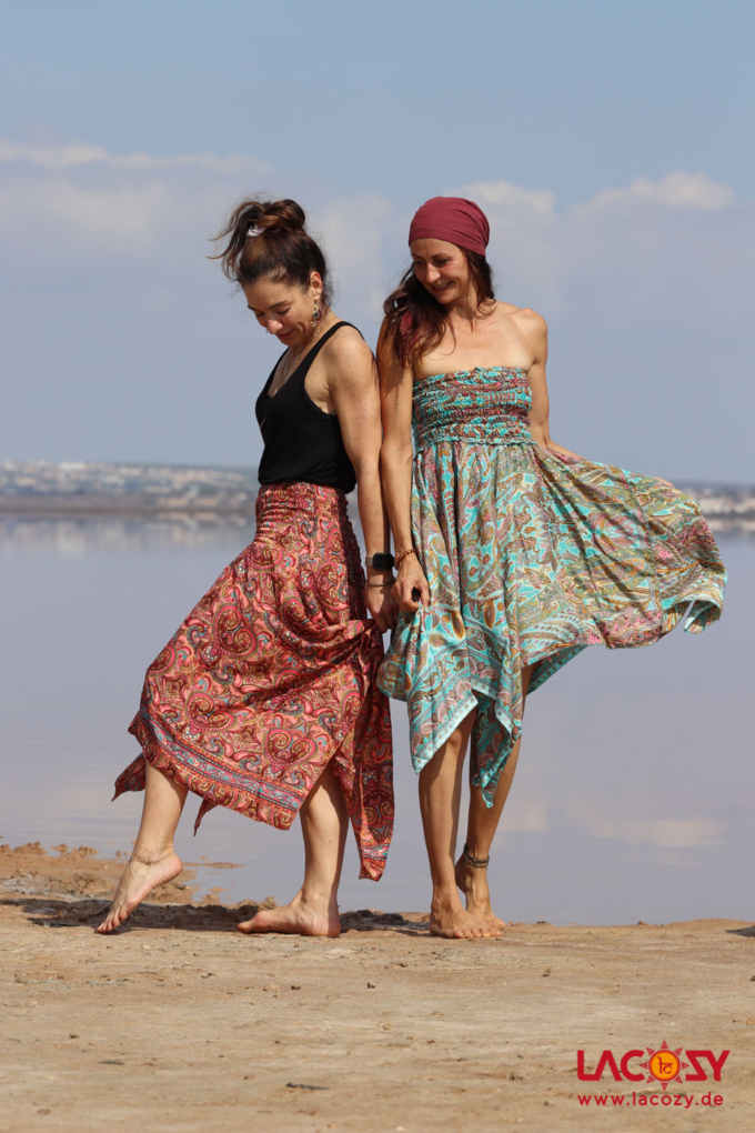 Zipfelkleid und Rock ELYA / Tuerkis Rosa mit Goldelementen