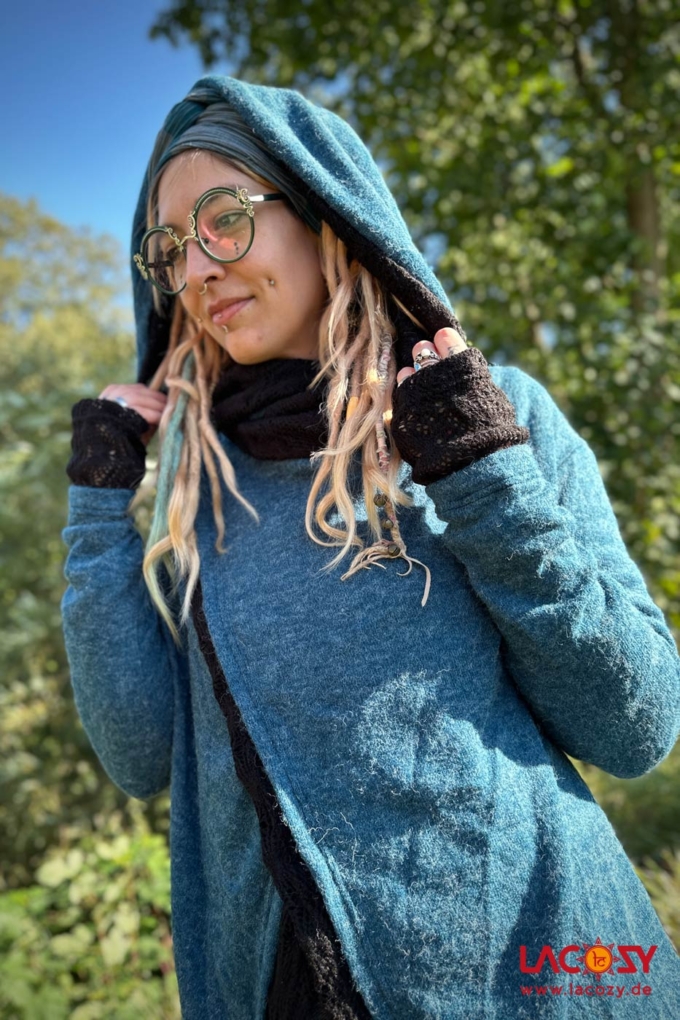 Strickjacke NIMA mit Schalkapuze | Petrol - Schwarz