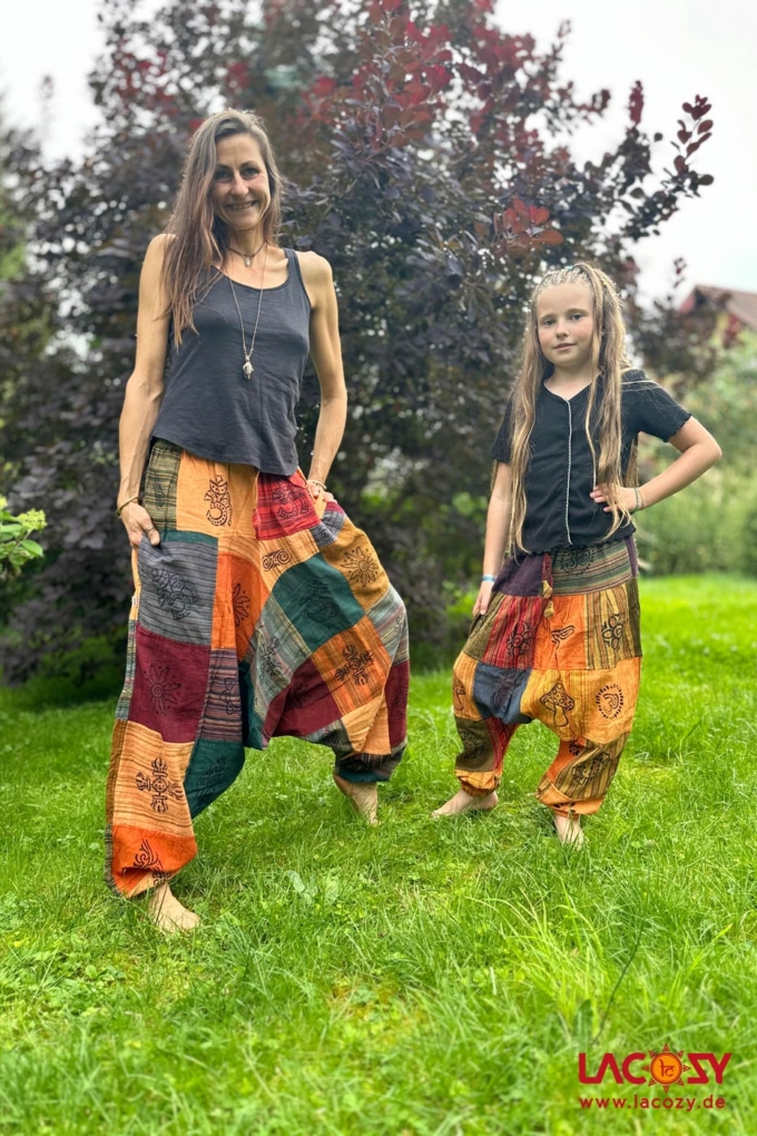 Unisex Kinder Goahose | Patchwork Haremshose | Stonewash | Größe 140-164