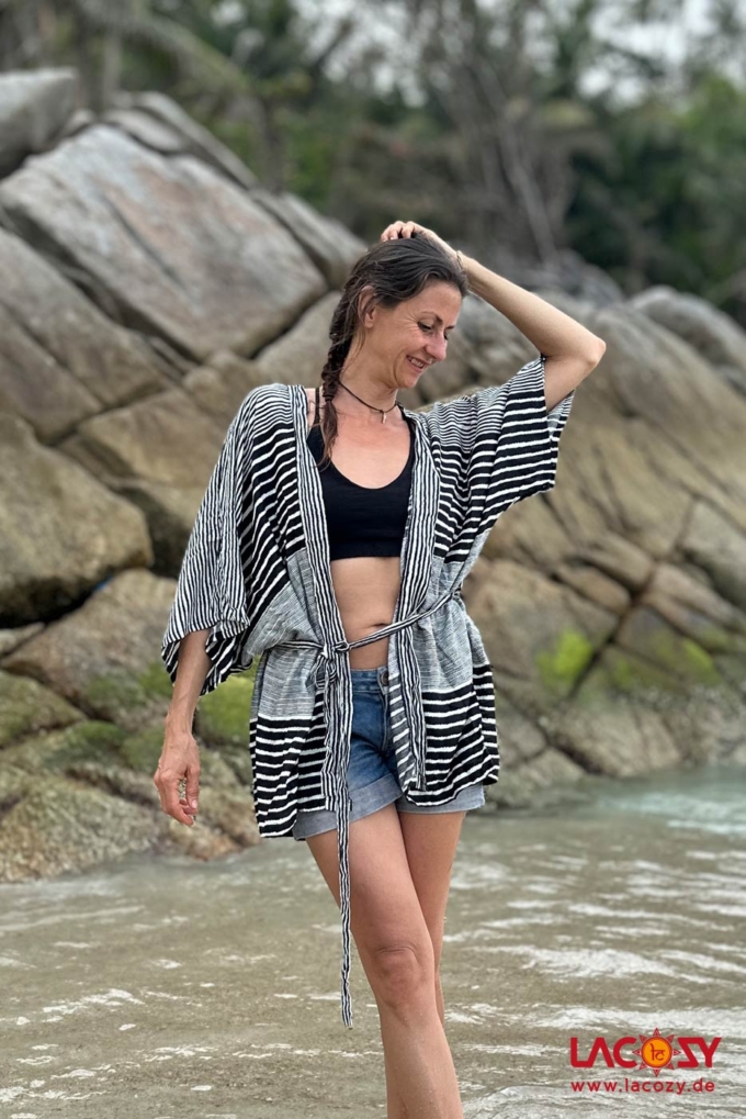 Luftiger Streifen Kimono | BLACK WHITE
