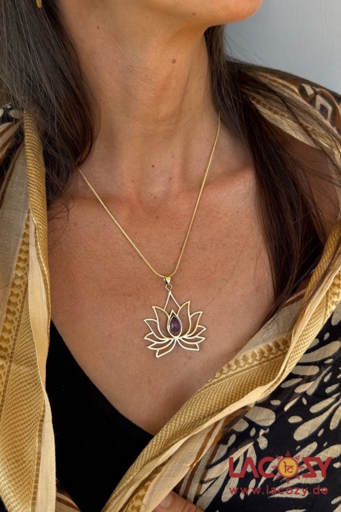 Filigrane Lotus Kette mit AMETHYST oder MONDSTEIN | Gold – Bild 3