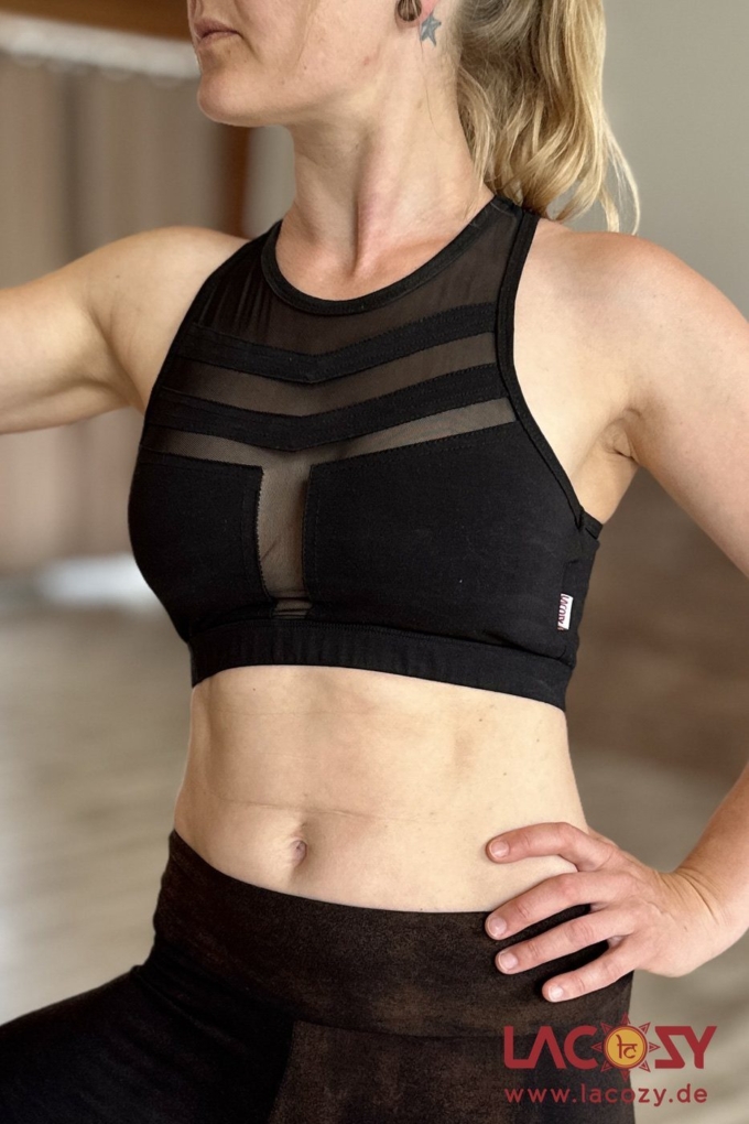 Crop Top NEO Yoga Sport Bustier mit Mesh Einsatz | Schwarz – Bild 3