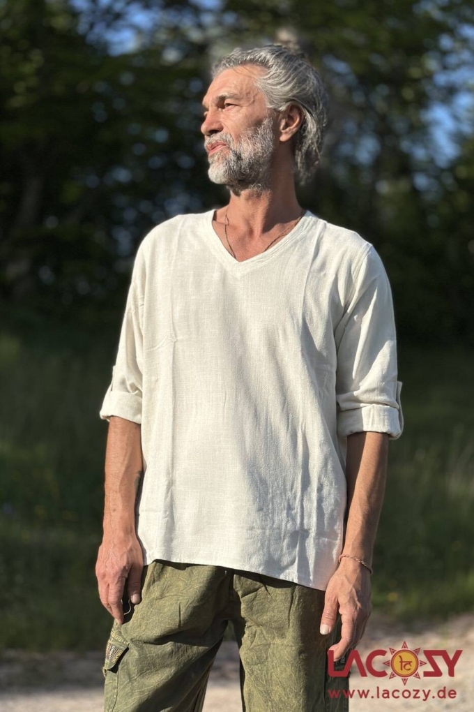 Leinen Herrenhemd ZEN | Langarm Shirt mit V-Ausschnitt | Natur