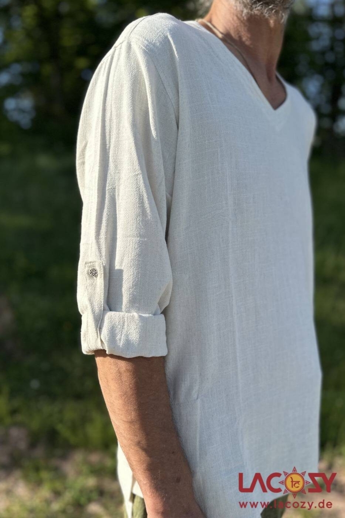 Leinen Herrenhemd ZEN | Langarm Shirt mit V-Ausschnitt | Natur – Bild 3